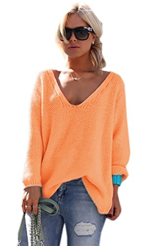 Mikos* Strickpullover V-Ausschnitt Damen Langarm Strickpulli Oversize Lässige Sweatshirt | Frühling Sommer S/M L/XL (717) (as3, Numeric, Numeric_36, Numeric_38, Regular, Regular, Orange) von Mikos