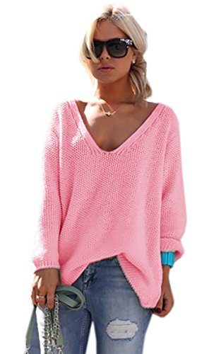 Mikos* Strickpullover V-Ausschnitt Damen Langarm Strickpulli Oversize Lässige Sweatshirt | Frühling Sommer S/M L/XL (717) (as3, Numeric, Numeric_36, Numeric_38, Regular, Regular, Rosa) von Mikos