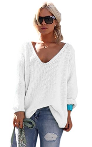 Mikos* Strickpullover V-Ausschnitt Damen Langarm Strickpulli Oversize Lässige Sweatshirt | Frühling Sommer S/M L/XL (717) (as3, Numeric, Numeric_36, Numeric_38, Regular, Regular, Weiß) von Mikos