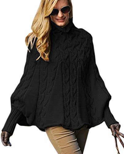 Mikos*Eleganter Damen Poncho Rollkragenpullover Damen Pullover Strickponcho Cape Zopfstickmuster Warm Herbst Pullover (641) (-Schwarz) von Mikos