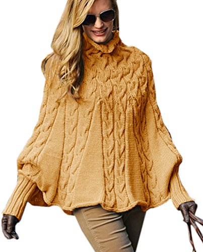 Mikos*Eleganter Damen Poncho Rollkragenpullover Damen Pullover Strickponcho Cape Zopfstickmuster Warm Herbst Pullover (641) (Senfgelb) von Mikos