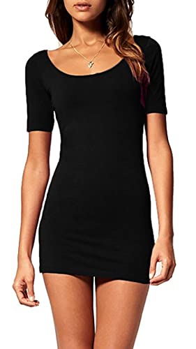 Mikos*Sommer Damen Kleid Kurzarm Longtop Long Shirt Bodycon Stretch Short Minikleid S M L (314) (38/M, Schwarz) von Mikos