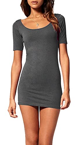 Mikos*Sommer Damen Kleid Kurzarm Longtop Long Shirt Bodycon Stretch Short Minikleid S M L (314) (40/L, Graphite) von Mikos