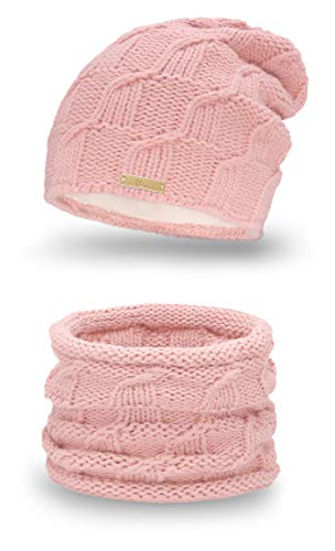 Mikos Wurm Winter Kombi Set aus Winter Schal und passender Strickmütze/Beanie (686) (Rosa) von Mikos