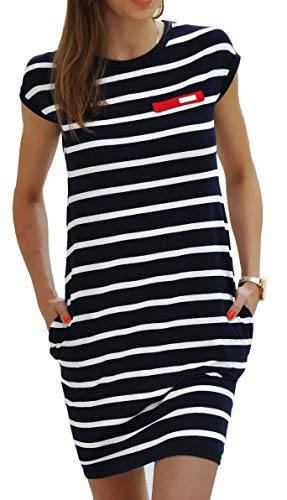 Sommerkleider Damen Kurzarm Kleider Jerseykleid Freizeitkleid Mini Dress Strandkleid Maritime S M L XL (340 Dunkelweiße Streifen, M) von Mikos