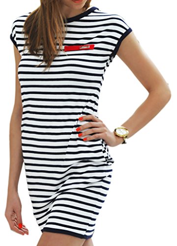Sommerkleider Damen Kurzarm Kleider Jerseykleid Freizeitkleid Mini Dress Strandkleid Maritime S M L XL (340 Weiße Marine-Streifen, M) von Mikos