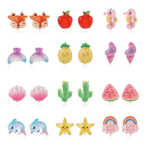 12 Paar Clip-On-Ohrringe für Kinder, Clip-Ohrringe mit Prinzessinnenmotiv Clip-On-Ohrring- und Ohrring-Set Verkleiden Sie Prinzessinnen-Schmuck-Accessoires für Mädchen (Obsttiere) von Mikovivi