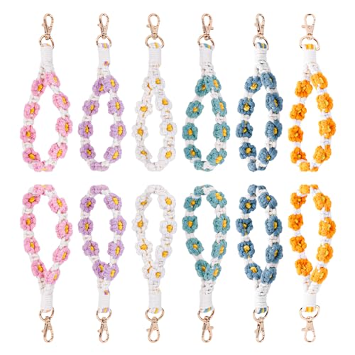 12 Stück Handgefertigte Schlüsselanhänger, Boho Makramee Schlüsselanhänger Gewebtes Armband Handgelenk-Lanyard Auto-Schlüsselanhänger Armbänder Süß Gänseblümchen-Schlüsselring für Frauen von Mikovivi
