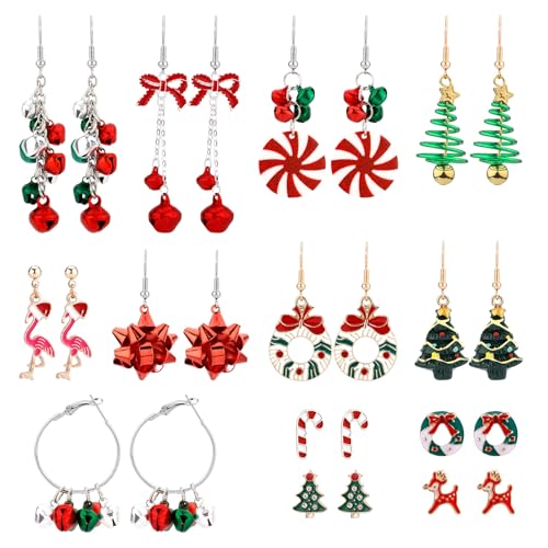 13 Paare Weihnachts-Ohrhänger-Set, Ohrringe mit Weihnachtsmotiven Ohrhänger mit Weihnachtsbaummotiv Rote und Grüne Ohrringe mit Weihnachtsschmuck für Halloween Thanksgiving Feiertage von Mikovivi