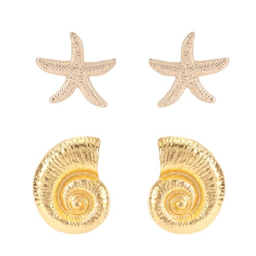 2 Paar Gold Seestern Muschel Ohrringe, Ohrringe Sommer Strand mit Ohrmuttern Niedlich Ohrstecker Muschel Stilvoll Strand Themen Schmuck für Frauen von Mikovivi