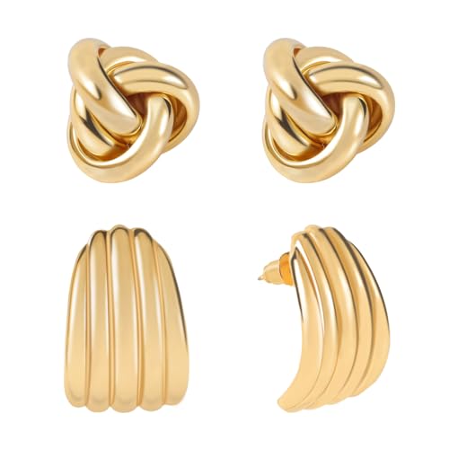 2 Paar Klobige Goldene Knotenohrringe, Goldene Knoten Ohrringe mit Rosa Verpackungsbox Geometrische Baumelnde Tropfenohrringe Damen Modischer Schmuck Geschenk Geburtstag Oder Jahrestag Frauen von Mikovivi