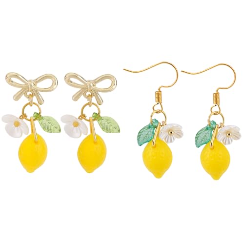 2 Paar Zitronen Ohrringe Damen, Süß Obst Zitronenschleifen Ohrringe Obst Schmuck für Cosplay Geburtstagsfeiern von Mikovivi