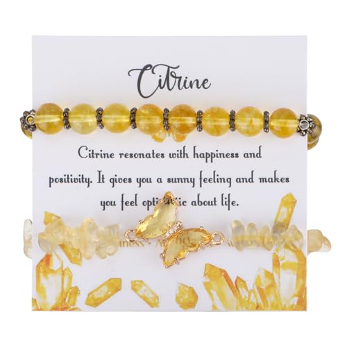 2 Stück Armbänder für Frauen und Männer, 8 mm Durchmesser Armbänder mit Steinen und Kristallen Elastisch Armband aus Naturstein Perlenarmbänder als Geschenk zum Geburtstag (Citrin) von Mikovivi