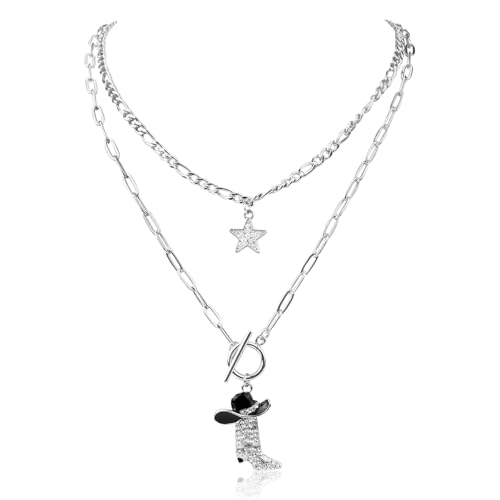 2stk Halskette mit Cowgirl Hut Stiefel Anhänger, Funkelnde Strass-Stern-Halskette für Frauen Stapelbare Western Kette für Country Konzert Outfits (Silber) von Mikovivi
