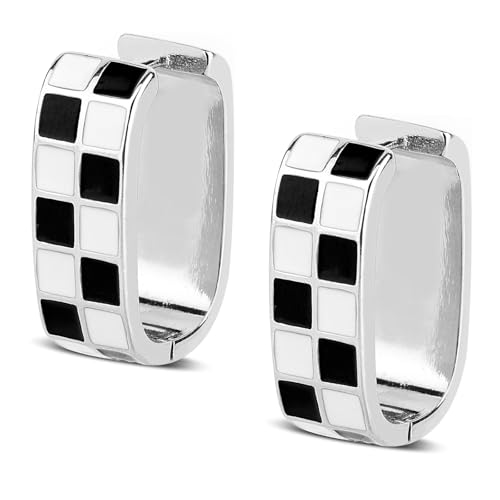 2stk Karierte Creolen, Zierliche Klobige Schwarz-Weiß Karierte Ovale Creolen Modisches Vintage Schmuck Accessoire für Damen (Silber) von Mikovivi