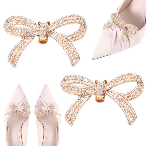 2stk Schuhclips Strass Schleife, Dekorative Schuhclips für Damen Abnehmbarer Glitzer Schuhaccessoires mit Strass Schleife Schuhschnallen Zubehör für Heels Abendschuhe Hochzeit (Gold) von Mikovivi