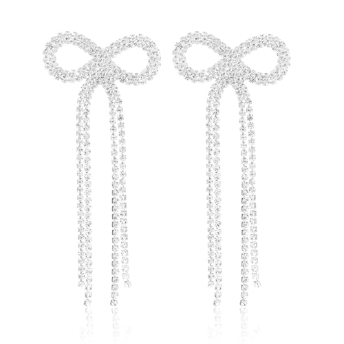 2stk Strass Schleifenohrringe für Damen, Funkelnde Silberne Ohrhänger Lange Quastenohrringe Schleifenknoten Ohrhänger Statement Schmuckgeschenk für Hochzeit Braut Abschlussball von Mikovivi
