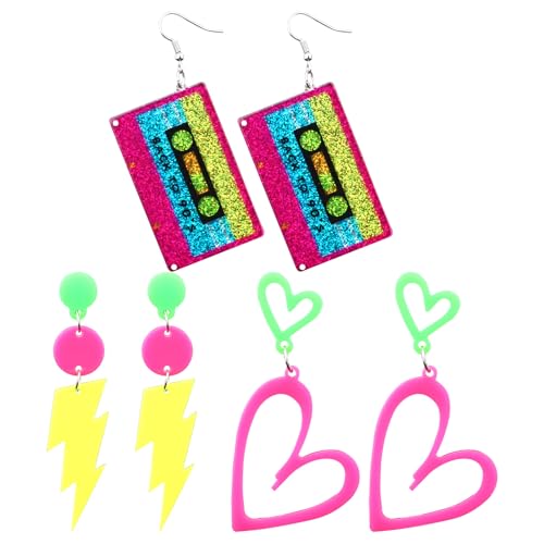 3 Paar 80er 90er Jahre Neon Ohrringe für Damen, Retro Herzband und Blitz Neon Ohrringe für 80er 90er Jahre Mottoparty Zubehör Leuchtender Party Schmuck von Mikovivi