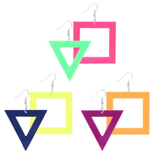 3 Paar 80er 90er Neon Ohrringe für Damen, Bunte Fluoreszierende Dreieckige und Quadratische Acryl Ohrringe Retro Anhänger Geeignet als Kostüm und Glow Party Accessoire von Mikovivi
