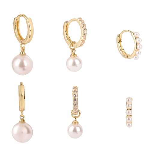 3 Paar Goldene Ohrringe und Perlenset, Zierliche Creolen mit Perlen Goldenes Perlenohrring-Set für Damen Perlenohrstecker-Set Stapelperlenohrring Perlenohrringe für Damen von Mikovivi