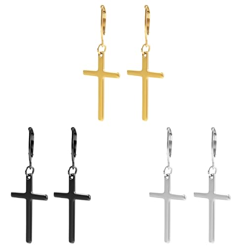 3 Paar Kreuzohrringe, Stilvoll Edelstahl Ohrhänger für Männer Gold Schwarz Silber Kruzifix Kreuzohrringe für Männer Schmuck Geschenk 3 Paar Kreuzohrringe, Stilvoll Edelstahl Ohrhänger für Männer Gold Schwarz Silber Kruzifix Kreuzohrringe für Männer Schmuck Geschenk von Mikovivi