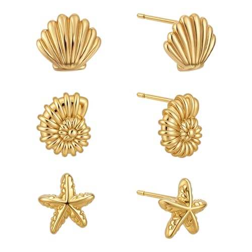 3 Paar Muschel-Ohrstecker-Set für Damen, Mini-Ohrringe in Gold Seesterne Muscheln und Conch-Ohrringe Geschenk Zierlich Meeresstrand-Thema Statement-Schmuck für den Sommerurlaub den Alltag von Mikovivi