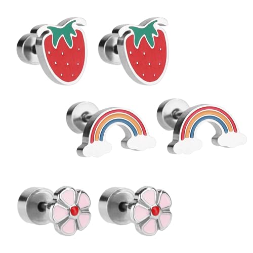 3 Paar Süße Ohrringe für Mädchen, Kleine Erdbeer Ohrringe für Empfindliche Ohren Ohrringe mit Schraubverschluss Regenbogen Blume Chirurgenstahl Durchbohrte Ohrstecker für Kinder von Mikovivi