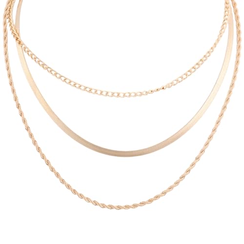 3 Teiliges Goldketten Halsketten Set für Damen, O-Link Schlange und Gedrehtes Seil Geschichtete Kubanische Ketten Verstellbare Länge Stapelbares Schmuckgeschenk von Mikovivi