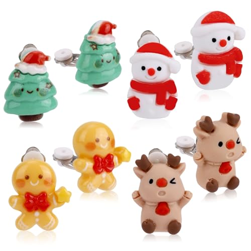 4 Paar Weihnachts Clip-Ohrringe, Weihnachtsbaum Schneemann Lebkuchenmann Elch Weihnachtsohrringe Nicht Durchbohrter Schmuck für Frauen von Mikovivi