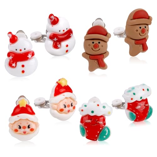 4 Paare Weihnachts Clip-on Ohrstecker Set für Kinder Mädchen, Nicht Durchbohrt Weihnachtsmann Schneemann Lebkuchenmann Strumpf Schmuck Geschenke von Mikovivi