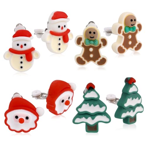 4 Paare Weihnachts Clip-on Ohrstecker Set für Kinder Mädchen, Nicht Durchbohrt Weihnachtsmann Schneemann Lebkuchenmann Weihnachtsbaum Schmuck Geschenke von Mikovivi