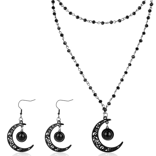 4 St Set mit Mond-Halskette und Ohrringen, Gothic-Schmuckset Schwarze Ohrringe mit Sonne Mond Perlenanhänger-Halskette Hexenschmuck für Frauen Geburtstags- und Halloween-Partygeschenk 4 St Set mit Mond-Halskette und Ohrringen, Gothic-Schmuckset Schwarze Ohrringe mit Sonne Mond Perlenanhänger-Halskette Hexenschmuck für Frauen Geburtstags- und Halloween-Partygeschenk von Mikovivi