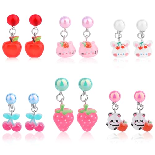 6 Paar Bunte Mädchen Clip-Ohrringe Set, Harz Design Ohne Stechen Kinder Ohrringe Süße Kirsche Erdbeere Hase Panda Prinzessin Ohrclips für Mädchen Prinzessinnen Schmuck Zubehör 6 Paar Bunte Mädchen Clip-Ohrringe Set, Harz Design Ohne Stechen Kinder Ohrringe Süße Kirsche Erdbeere Hase Panda Prinzessin Ohrclips für Mädchen Prinzessinnen Schmuck Zubehör von Mikovivi