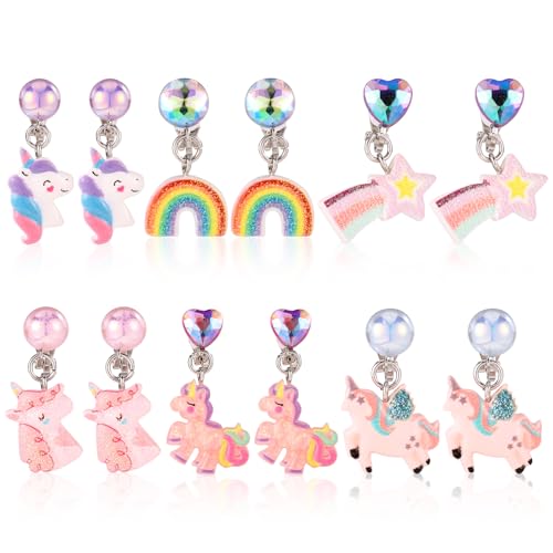 6 Paar Bunte Ohrclips zum Anklipsen, Ohrclips aus Kunstharz Einhorn Regenbogen Nicht Durchbohrte Prinzessinnen zum Anziehen Prinzessinnen Schmuckzubehör von Mikovivi