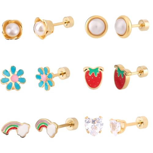 6 Paar Klein Flache Ohrringe für Frauen, Edelstahl Ohrstecker Set Süß Gänseblümchen Herz Blume Regenbogen Perle Erdbeere Schmuck Ideal für das Tägliche Tragen Geschenke von Mikovivi