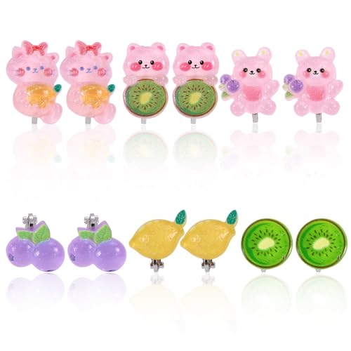 6 Paar Ohrclips Kinder, Ohrclip Set für Kinder Ohne Piercing Bunter Zitronenkatzen Stil Schmuckgeschenk Ohne Piercing Verkleidungszubehör für Mädchen von Mikovivi