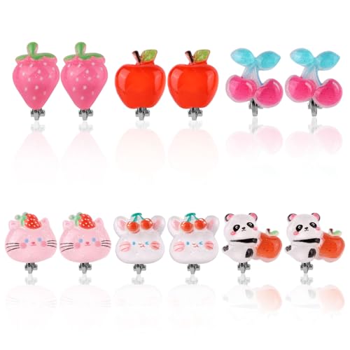 6 Paar Ohrclips Kinder, Ohrclip Set für Kinder Ohne Piercing Süßes Schmuckgeschenk im Kirsch Erdbeer Panda Katzen Stil von Mikovivi