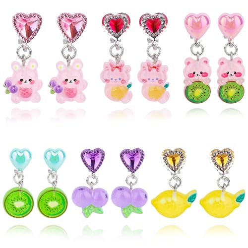 6 Paar Ohrclips für Mädchen, Ohrstecker-Set Ohne Ohrloch mit Ohrpolstern Süßes Schmetterlings-Kaninchen-Regenbogen-Design Ohrclips für Kinder Ohne Loch Schmuck als Geschenk von Mikovivi
