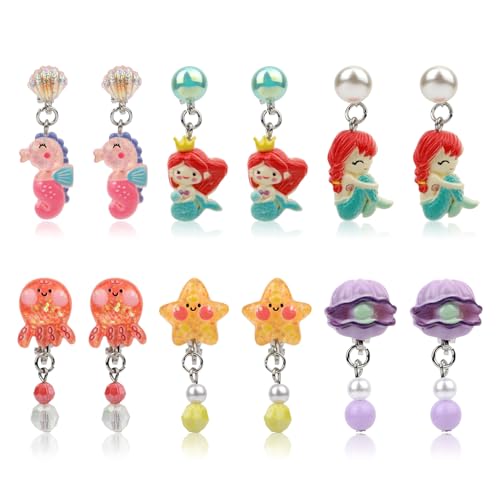 6 Paar Ohrclips für Mädchen, Muschelschale Meerjungfrau Seepferdche Kinder-Ohrclips Ohne Ohrloch Meerestier- für Kleinkinder Mädchen Ankleideschmuck Perfektes Dekorationszubehör von Mikovivi
