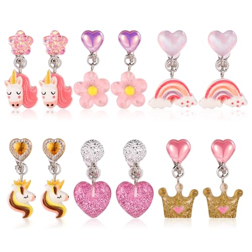 6 Paar Ohrclips zum Anklipsen, Bunte Nicht Durchbohrte Ohrclips aus Kunstharz mit Einhorn Regenbogen Krone Blume und Herz zum Anklipsen von Prinzessinnen Schmuckzubehör von Mikovivi