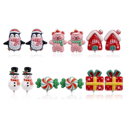 6 Paar Weihnachten Clip Ohrringe, Süße und Zarte Winterferien Clip-Ohrringe aus Harz für Mädchen Teenager Weihnachtsschmuck Festliche Dekoration(Kombination 4) von Mikovivi