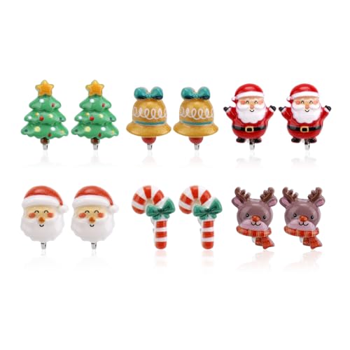 6 Paar Weihnachten Clip Ohrringe, Süße und Zarte Winterferien Clip-Ohrringe aus Harz für Mädchen Teenager Weihnachtsschmuck Festliche Dekoration(Kombination 5) von Mikovivi