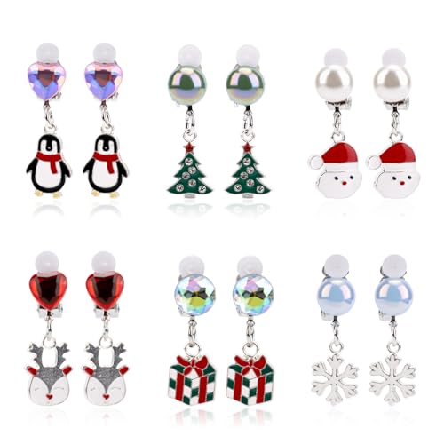 6 Paar Weihnachts Clip Ohrringe, Bezaubernd Harz Weihnachtsohrringe Set für Mädchen Teenager Weihnachten Ohrclips (Kombination 1) von Mikovivi