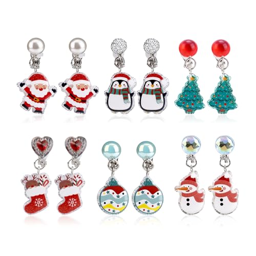 6 Paar Weihnachts Clip Ohrringe, Bezaubernd Harz Weihnachtsohrringe Set für Mädchen Teenager Weihnachten Ohrclips (Kombination 3) von Mikovivi