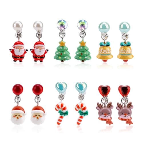 6 Paar Weihnachts Clip Ohrringe, Bezaubernd Harz Weihnachtsohrringe Set für Mädchen Teenager Weihnachten Ohrclips (Kombination 5) von Mikovivi
