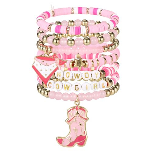 7stk Cowgirl Armbänder, Hochwertige Stapelbare Western Cowgirl Perlenarmbänder mit Stiefel und Kopfbedeckung Stilvolles Schmuckzubehör als Geschenk für Frauen (Rosa) von Mikovivi