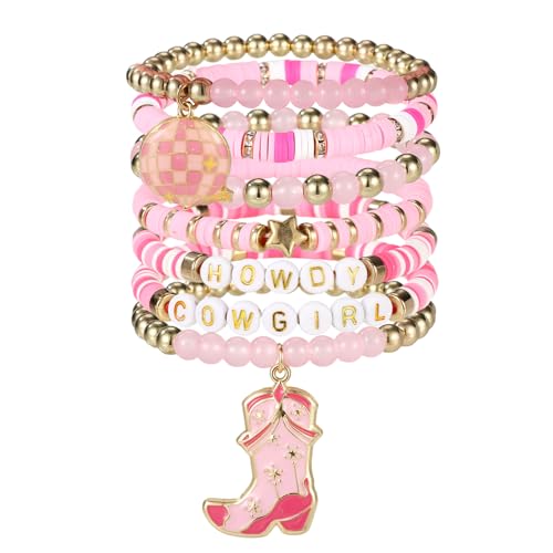 7stk Cowgirl Armbänder, Stapelbare Western-Cowgirl-Perlenarmbänder mit Stiefel und Globus-Charm Stilvolles Schmuckzubehör für Familie Freunde Geschenk (Rosa) von Mikovivi