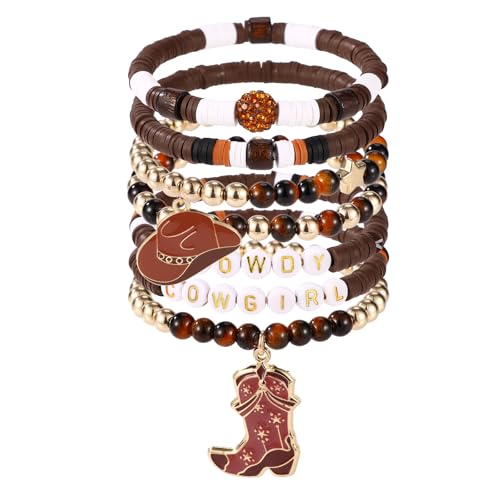 7stk Cowgirl Armbänder, Stapelbare Western Perlenarmbänder mit Cowgirl-Hut und Stiefel-Charms Y2K-Sti Boho-Sommerstrand Schmuck für Frauen(Braun) von Mikovivi