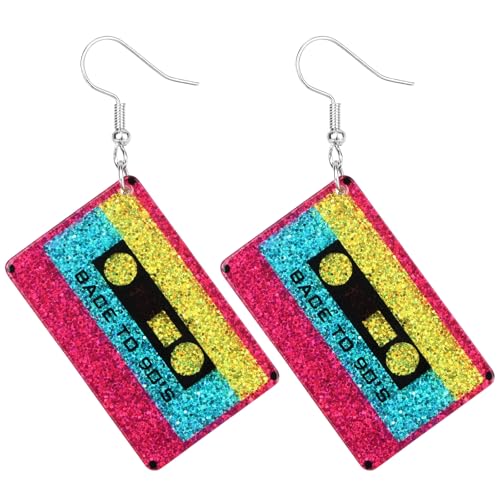 80er 90er Neon Ohrringe für Damen, Acryl Retro Kassette Ohrringe Glitzer Retro Schmuck für 80er 90er Outfits Glow Partys Halloween Musikfestivals von Mikovivi