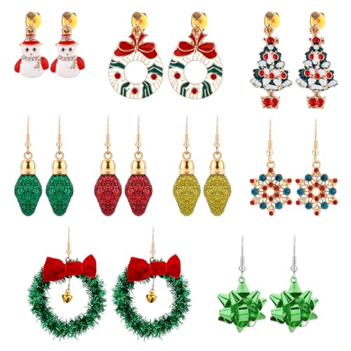 9 Paare Set mit Weihnachtlichen Ohrhängern, Ohrringe mit Weihnachtsmotiven Ohrhänger in Weihnachtsbaumform Ohrringe mit Weihnachtsschmuck für Feiertage Halloween Thanksgiving von Mikovivi